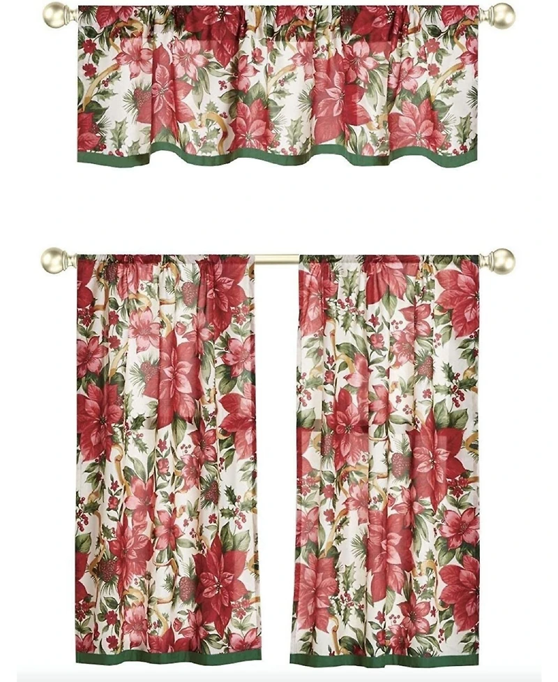 Kate Aurora Holiday Living Classic Poinsettia Complete 3 Pc. Christmas Kitchen Curtain Tier & Valance Set