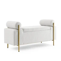 White linen upholstered bench with iron legs