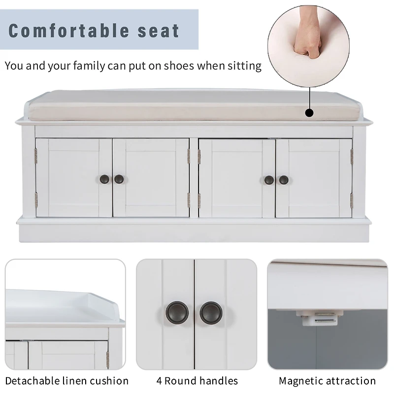 Streamdale 4-Door Storage Bench with Adjustable Shelves, Cushioned Shoe Bench
