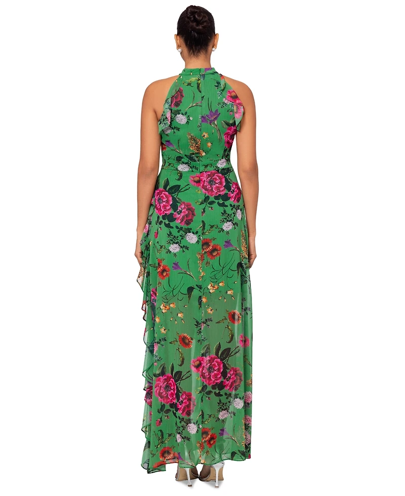 Betsy & Adam Petite Floral-Print Ruffled Halter Gown