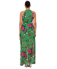Betsy & Adam Petite Floral-Print Ruffled Halter Gown