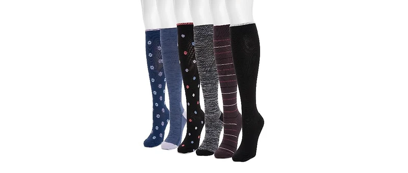Muk Luks Women's 6 Pack Nylon Compression Knee-High Socks