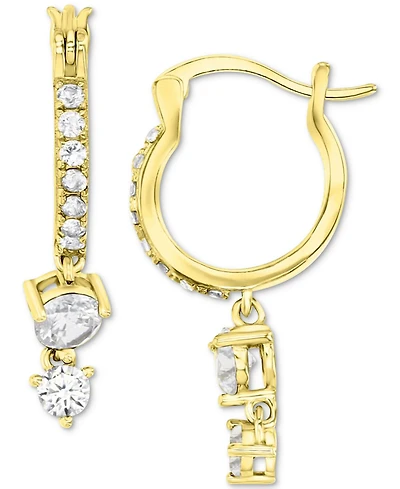 Cubic Zirconia Double Stone Dangle Hoop Drop Earrings in 14k Gold-Plated Sterling Silver