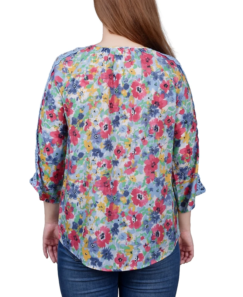 Ny Collection Petite 3/4 Sleeve Tunic with Crochet and Tie Neck