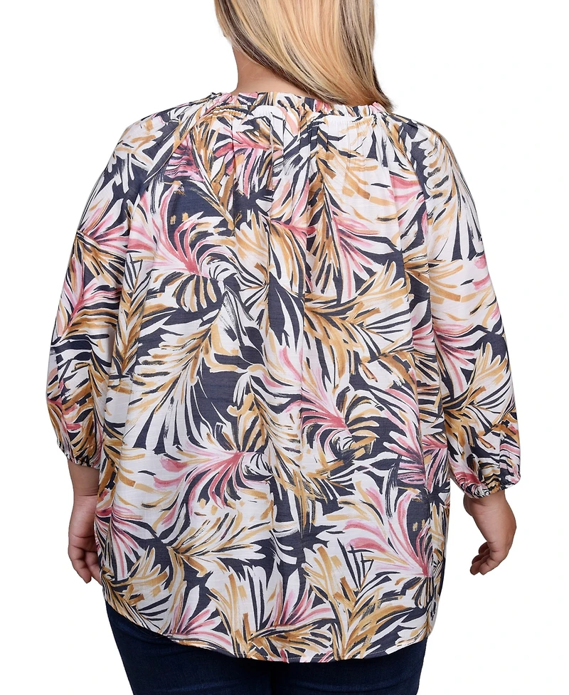 Ny Collection Plus 3/4 Sleeve Drawstring Neck Blouse