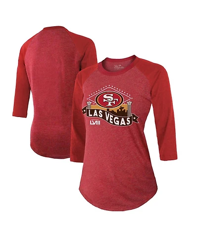 Women's Majestic Threads Scarlet San Francisco 49ers Super Bowl Lviii Vegas Raglan 3/4-Sleeve Tri-Blend T-shirt