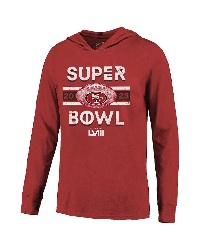 Men's Majestic Threads Scarlet Distressed San Francisco 49ers Super Bowl Lviii Tri-Blend Soft Hand Long Sleeve Hoodie T-shirt