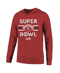 Men's Majestic Threads Scarlet Distressed San Francisco 49ers Super Bowl Lviii Tri-Blend Soft Hand Long Sleeve Hoodie T-shirt