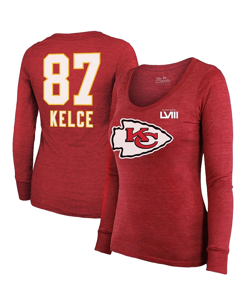 Women's Majestic Threads Travis Kelce Red Kansas City Chiefs Super Bowl Lviii Scoop Name and Number Tri-Blend Long Sleeve T-shirt