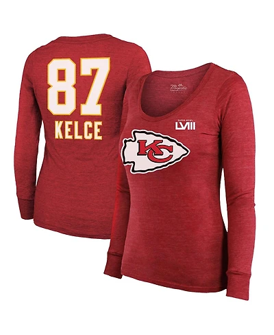 Women's Majestic Threads Travis Kelce Red Kansas City Chiefs Super Bowl Lviii Scoop Name and Number Tri-Blend Long Sleeve T-shirt