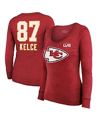 Women's Majestic Threads Travis Kelce Red Kansas City Chiefs Super Bowl Lviii Scoop Name and Number Tri-Blend Long Sleeve T-shirt