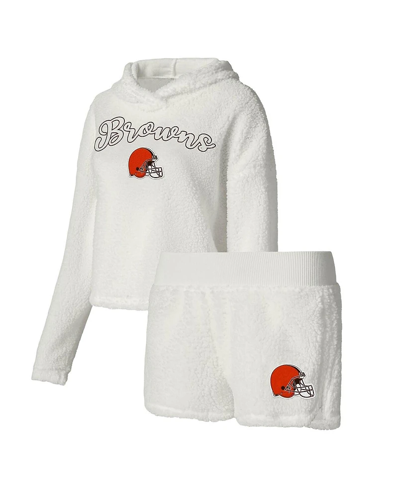 Women's Concepts Sport White Cleveland Browns Fluffy Pullover Sweatshirt and Shorts Sleep Set
