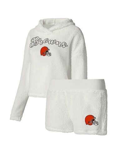 Women's Concepts Sport White Cleveland Browns Fluffy Pullover Sweatshirt and Shorts Sleep Set