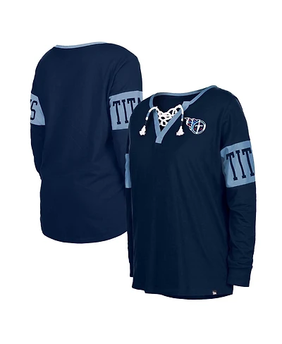 Women's New Era Navy Tennessee Titans Lace-Up Notch Neck Long Sleeve T-shirt