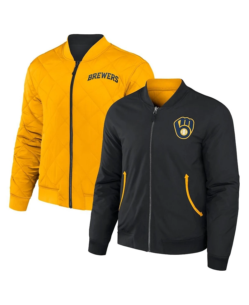 Men's Darius Rucker Collection by Fanatics Black, Gold Milwaukee Brewers Reversible Full-Zip Bomber Jacket