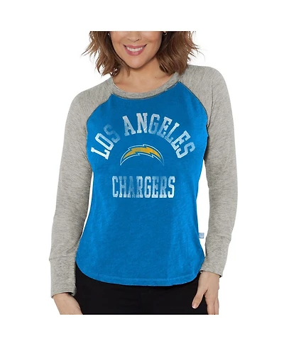 Women's G-iii 4Her by Carl Banks Powder Blue, Heather Gray Distressed Los Angeles Chargers Waffle Knit Raglan Long Sleeve T-shirt