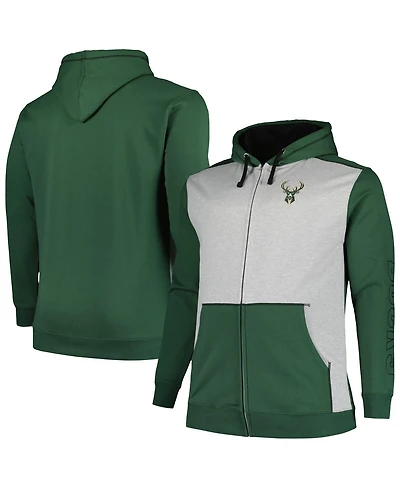 Men's Fanatics Hunter Green, Heather Gray Milwaukee Bucks Big and Tall Contrast Pieced Stitched Full-Zip Hoodie