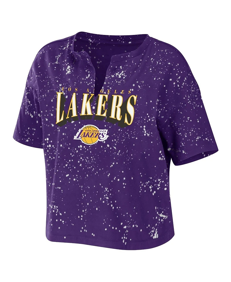 Women's Wear by Erin Andrews Purple Los Angeles Lakers Bleach Splatter Notch Neck T-shirt