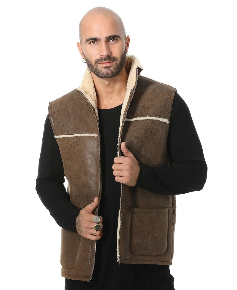 Furniq Uk Men's Sheepskin Waistcoat, Vinatge Camel with Beige Curly Wool