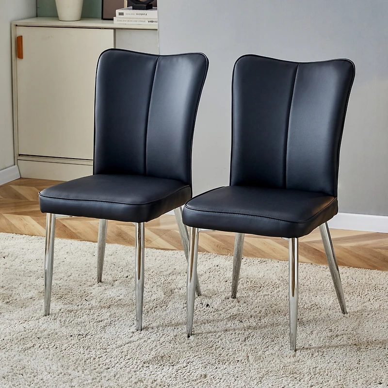 Modern minimalist dining chairs, black Pu leather curved backrest and cushion, black metal semi matte chair legs, suitable for restaurants, bedrooms,