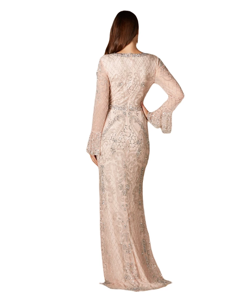 Lara Women's Long Bell sleeve V-neck Beaded Gown