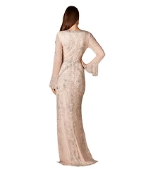 Lara Women's Long Bell sleeve V-neck Beaded Gown