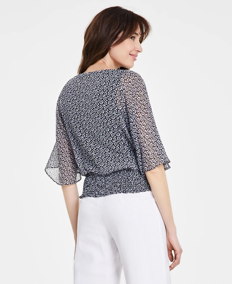 Sam & Jess Women's Round-Neck 3/4-Sleeve Smocked-Waist Blouse