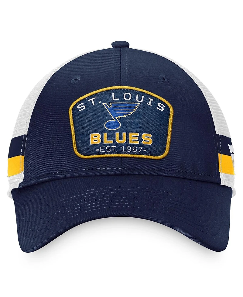 Men's Fanatics Navy, White St. Louis Blues Fundamental Striped Trucker Adjustable Hat