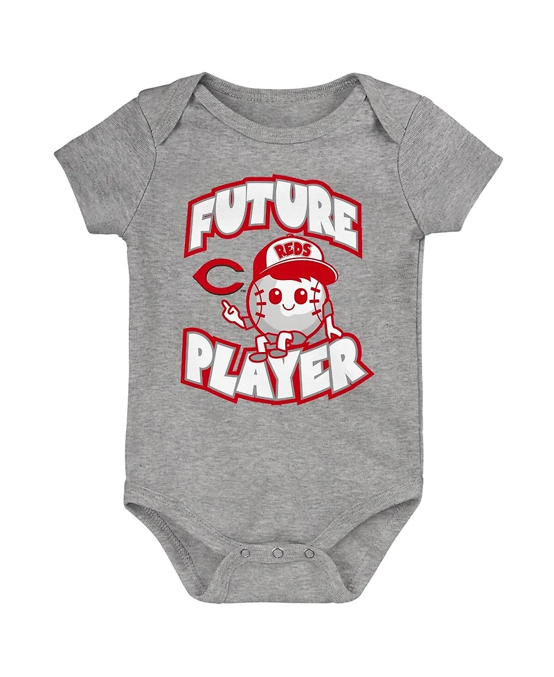 Baby Boys and Girls Heather Gray, Red, White Cincinnati Reds Minor League Player Three-Pack Bodysuit Set