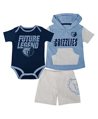 Baby Boys and Girls Navy, Light Blue, Gray Memphis Grizzlies Bank Shot Bodysuit, Hoodie T-shirt and Shorts Set