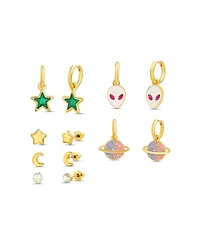 kensie 6 Piece Crescent Moon, Star, Alien and Planet Stud and Drop Earring Set