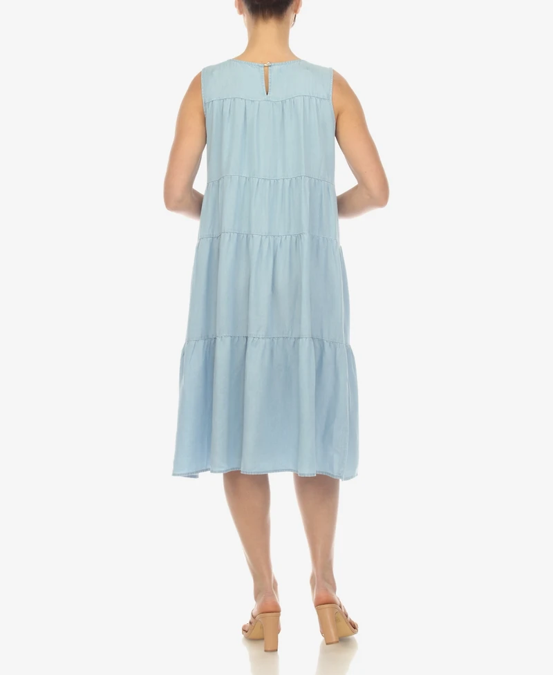 White Mark Women's Sleeveless Tiered Chambray Midi Dress