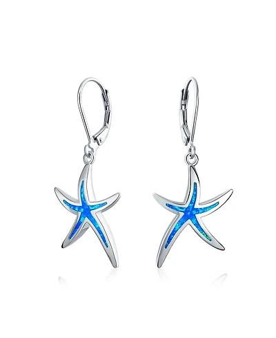 Bling Jewelry Nautical Aquatic Tropical Beach Vacation Iridescent Created Opal Inlay Starfish Dangle Drop Lever back Earrings Sterling Silver