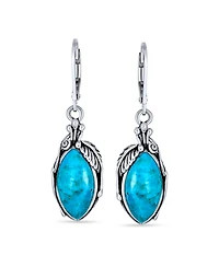 Bling Jewelry Style Natural Stabilized Blue Turquoise Marquise Shaped Leaf Feather Dangle Earrings Lever back Oxidized Sterling Silver
