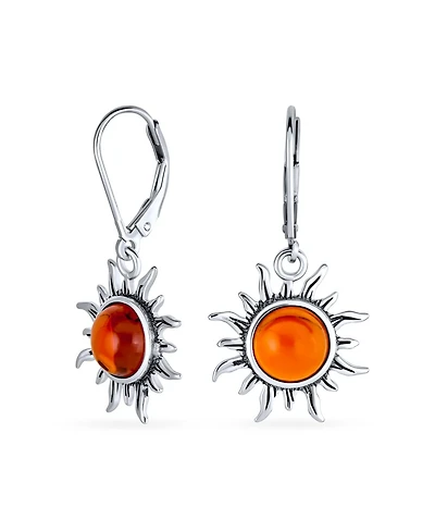 Bling Jewelry Tropical Vacation Beach Sun Rise Natural Amber Round Sunburst Dangle Drop Earrings Lever back Oxidized Sterling Silver