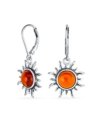 Bling Jewelry Tropical Vacation Beach Sun Rise Natural Amber Round Sunburst Dangle Drop Earrings Lever back Oxidized Sterling Silver