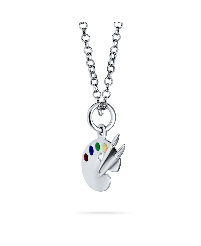 Bling Jewelry Painter Drawing Multi Color Enamel Future Artist Palette Art Paint Brush Pendant Necklace For Women Art Teacher Women Sterling Silver