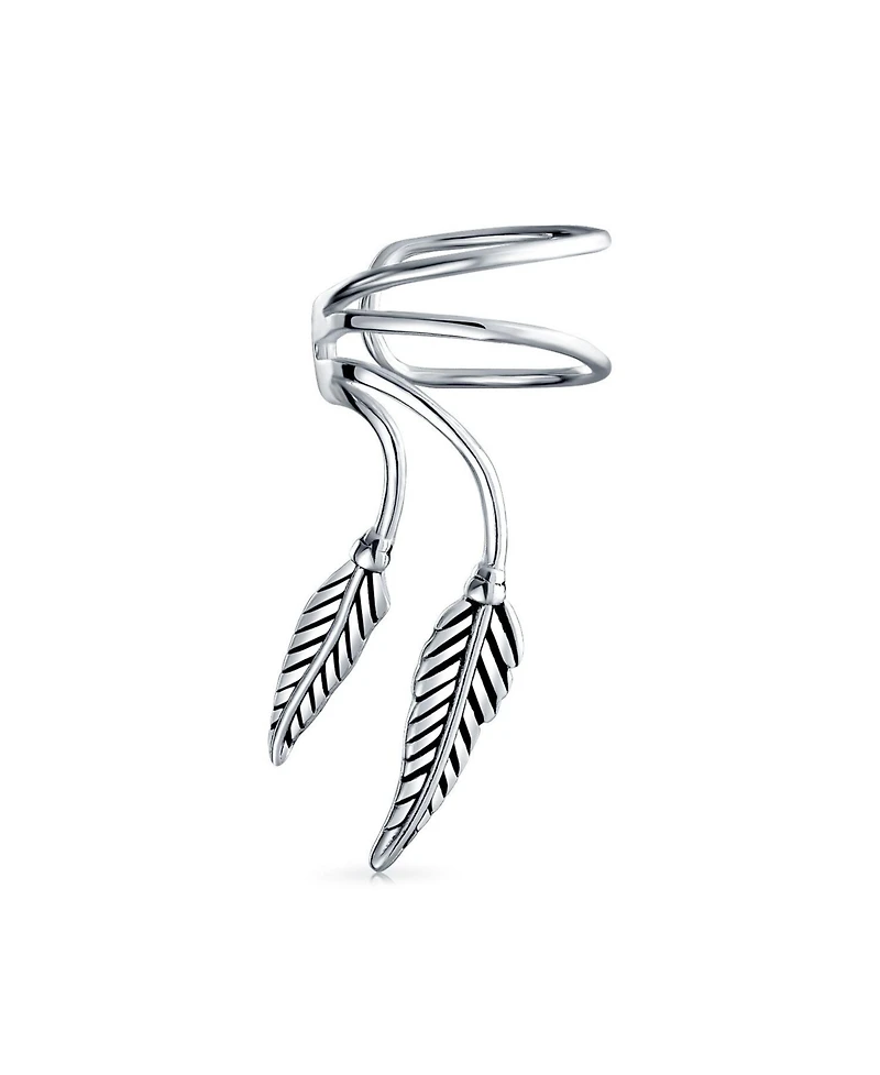 Bling Jewelry Double Leaf Feather Cartilage Ear Cuffs Clip Wrap Wire Earrings Helix Non Pierced Ear Oxidized Sterling Silver