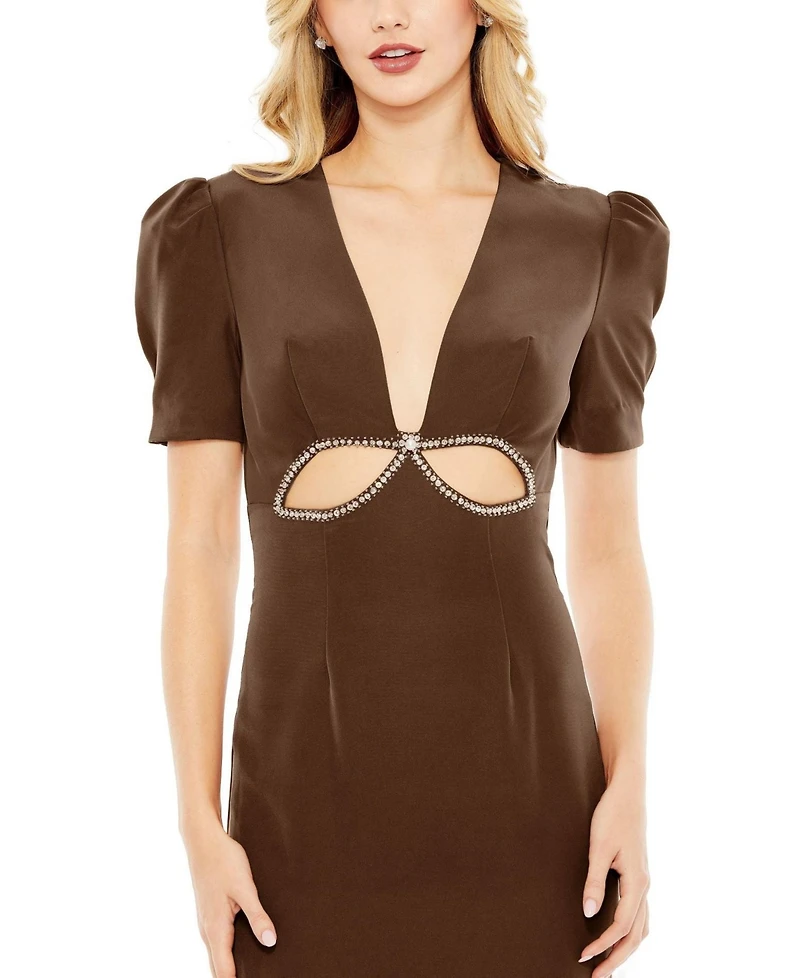 Mac Duggal Women's Ieena Plunge Neck Puff Sleeve Cut Out Gown