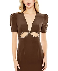 Mac Duggal Women's Ieena Plunge Neck Puff Sleeve Cut Out Gown