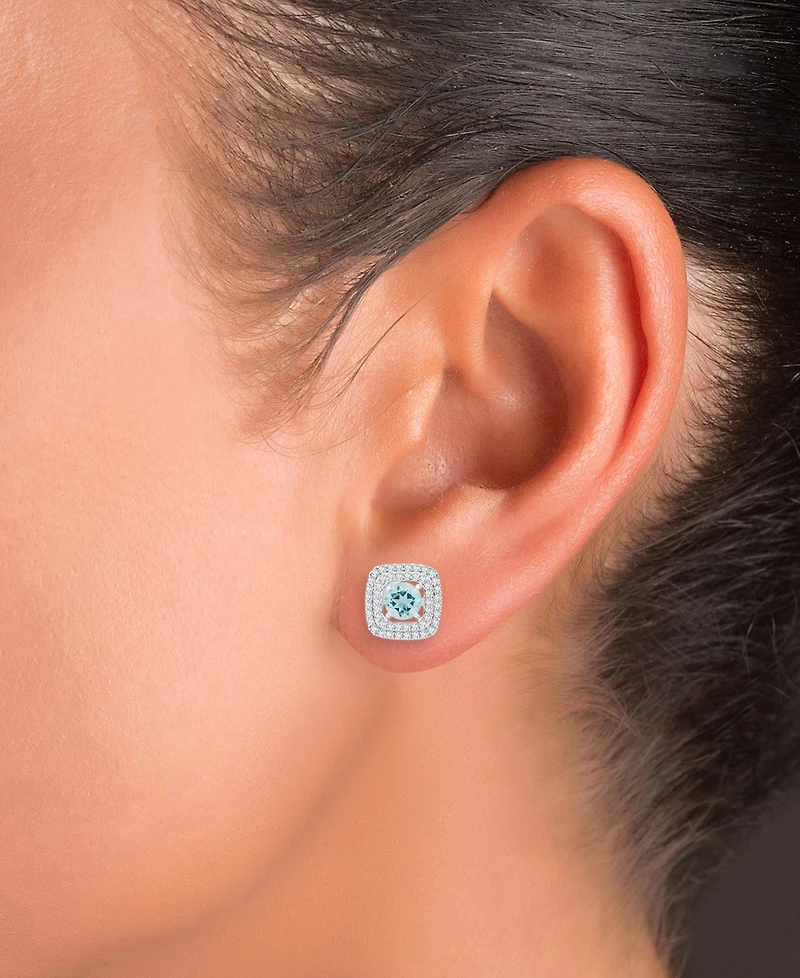 Gemstone & Lab-Grown White Sapphire (5/8 ct. t.w.) Square Halo Birthstone Stud Earrings Sterling Silver