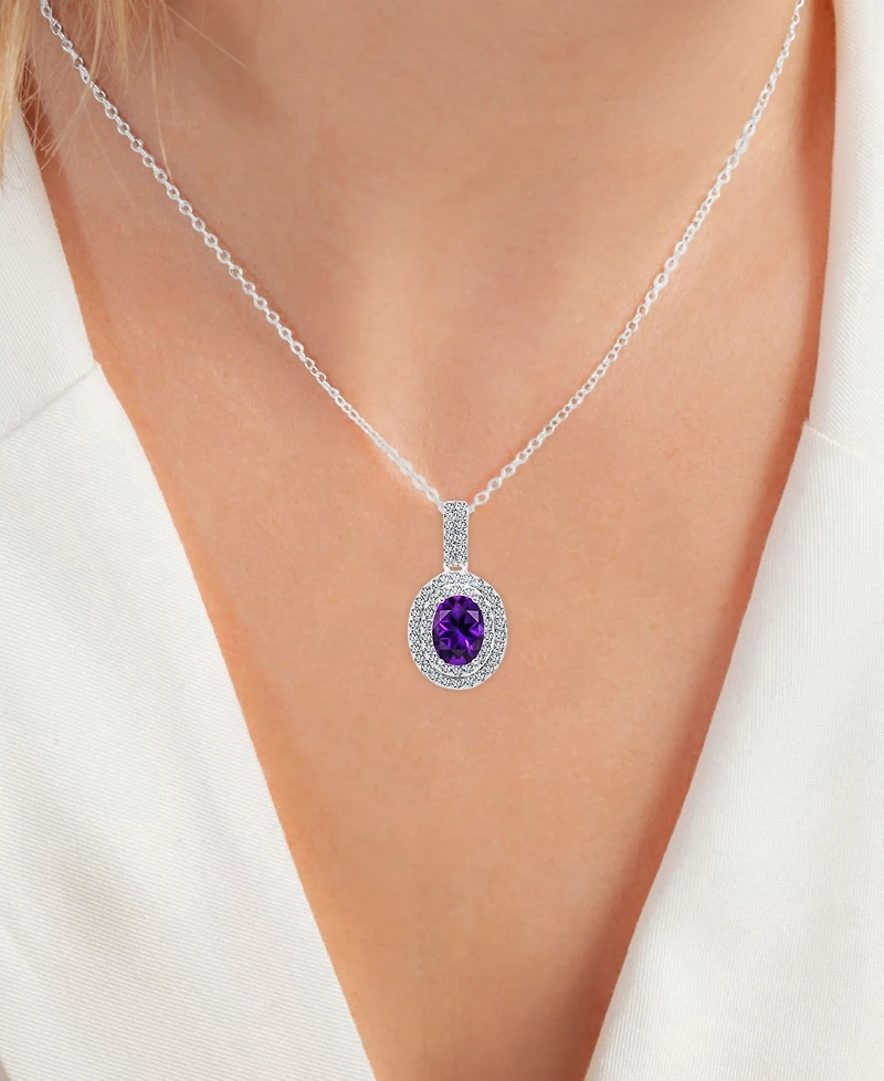 Amethyst (1-1/20 ct. t.w.) & Lab-Grown White Sapphire (1/2 Oval Halo Birthstone Pendant Necklace Sterling Silver, 16" + 2" extender (Also