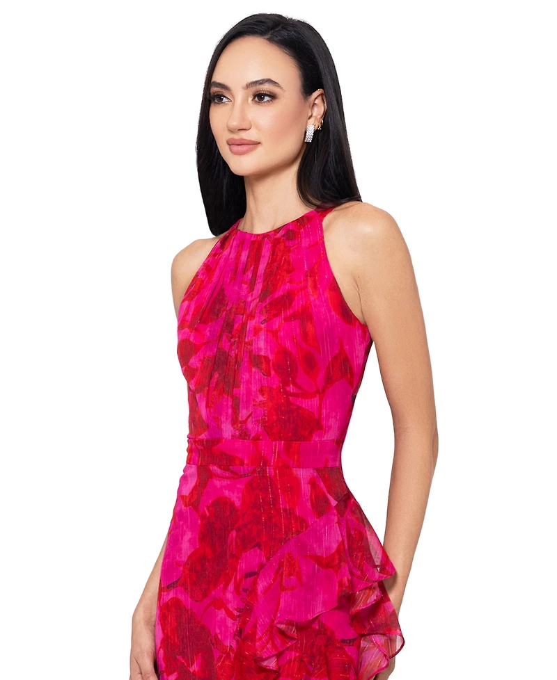Betsy & Adam Women's Printed Ruffled Halter Gown