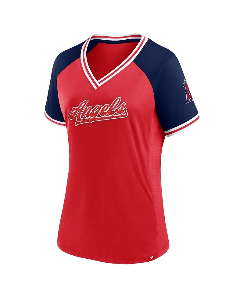 Women's Fanatics Red Los Angeles Angels Glitz and Glam League Diva Raglan V-Neck T-shirt