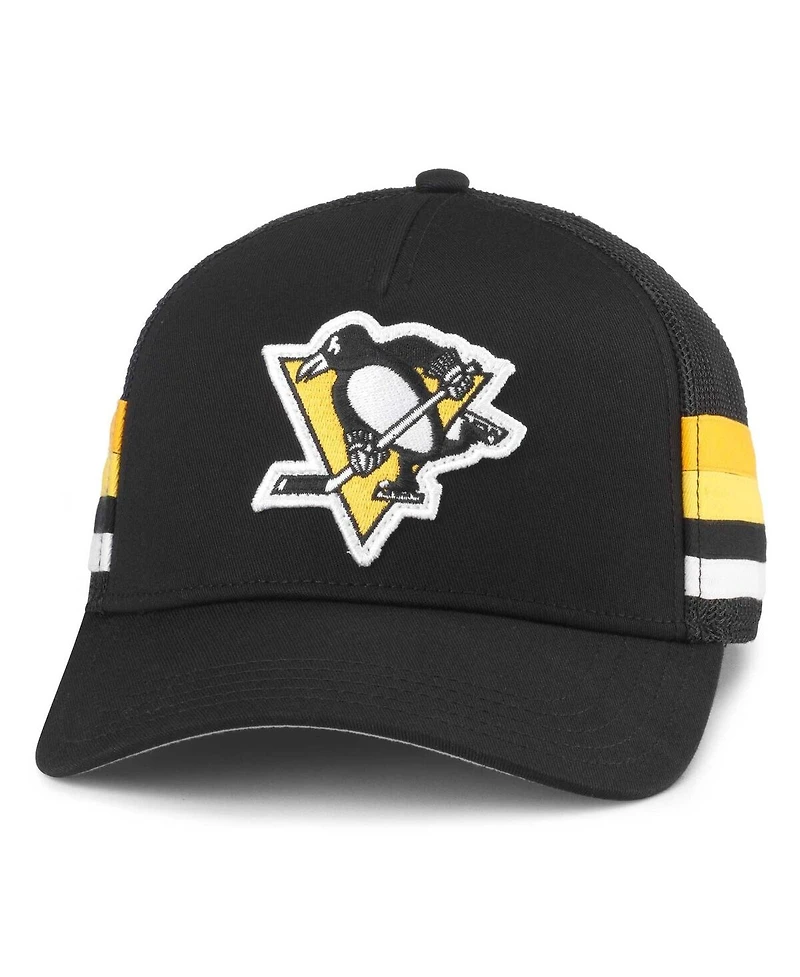 Men's American Needle Black Pittsburgh Penguins HotFoot Stripes Trucker Adjustable Hat