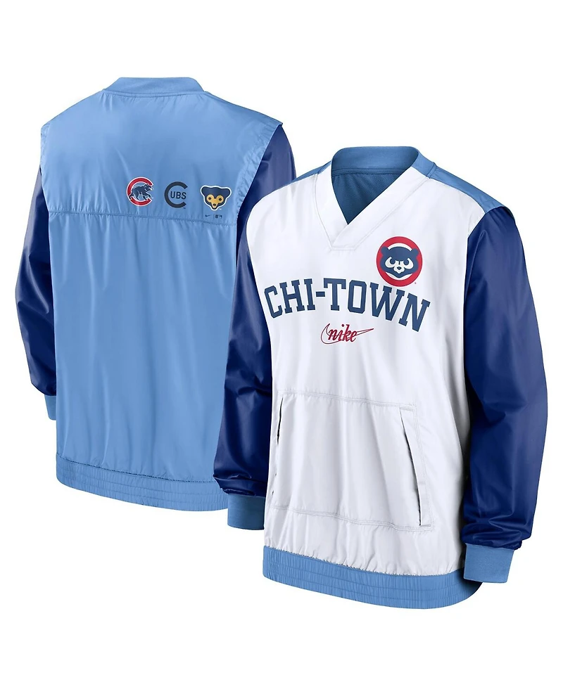 Men's Nike White, Light Blue Chicago Cubs Rewind Warmup V-Neck Pullover Jacket