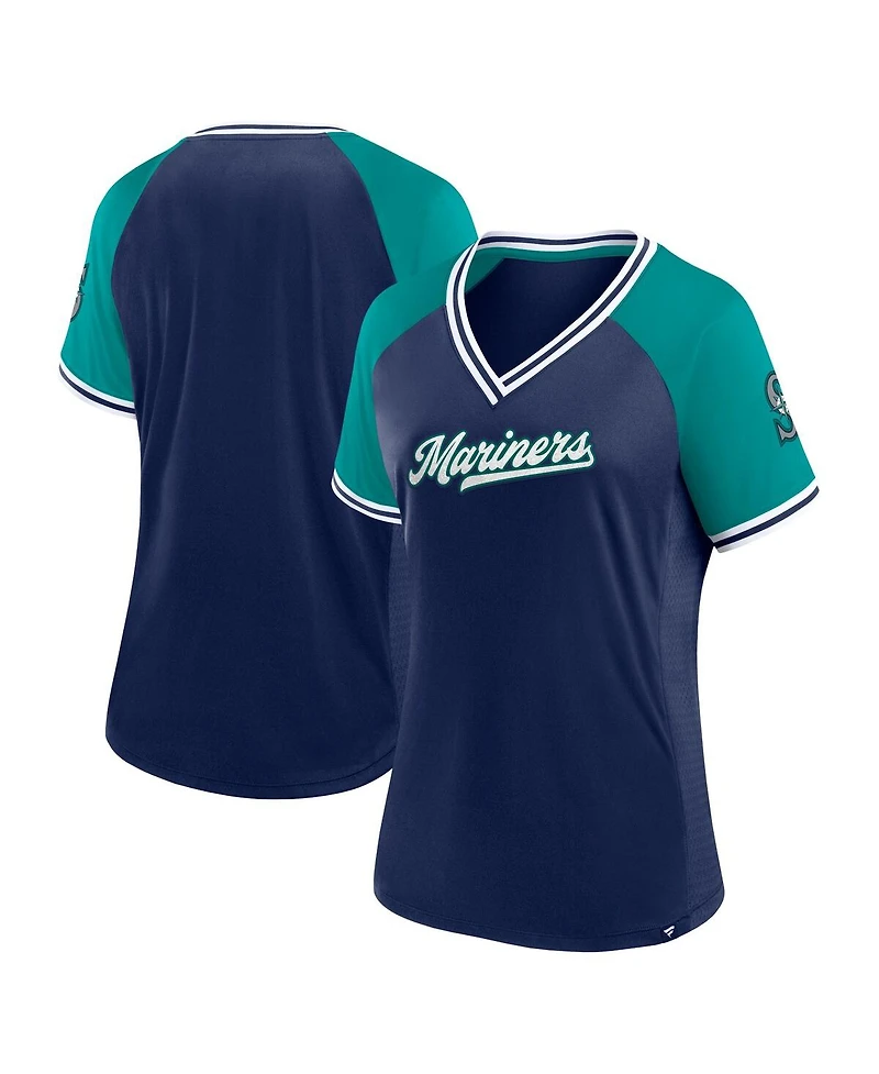Women's Fanatics Navy Seattle Mariners Glitz and Glam League Diva Raglan V-Neck T-shirt