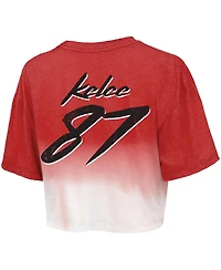 Women's Majestic Threads Travis Kelce Red, White Distressed Kansas City Chiefs Super Bowl Lviii Dip-Dye Player Name and Number Crop Top