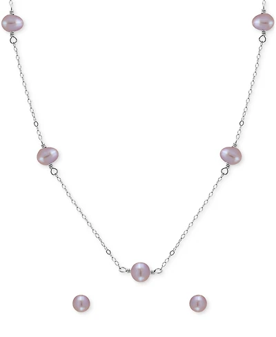 Two-Pc. Set White Cultured Freshwater Pearl (6mm) Collar Necklace & Stud Earrings in 18k gold-plated sterling silver (Also in Dyed Black & Dyed Pink C