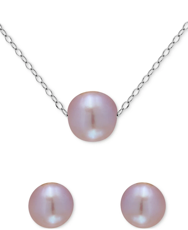 Two-Pc. Set Dyed Black Cultured Freshwater Pearl (8-10mm) Pendant Necklace & Stud Earrings in Sterling Silver (Also in White & Dyed Pink Cultured Fres